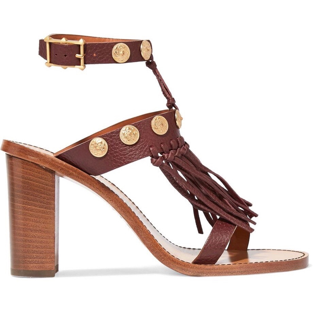 Valentino Studded textured leather fringed sandal